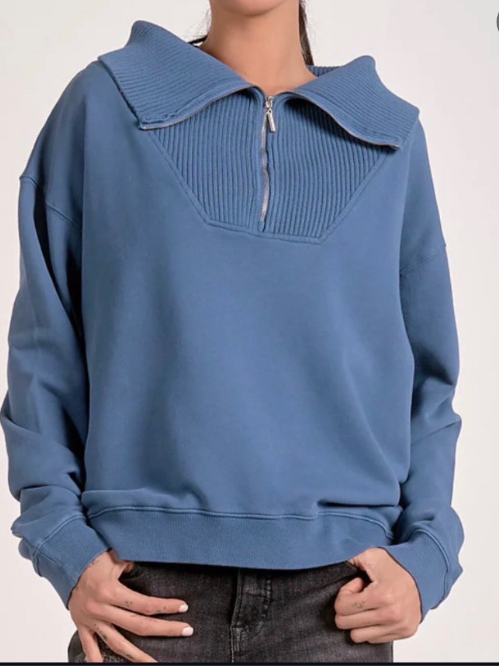 aerie Dusty Blue Zip-Up Ribbed Collar Sweater